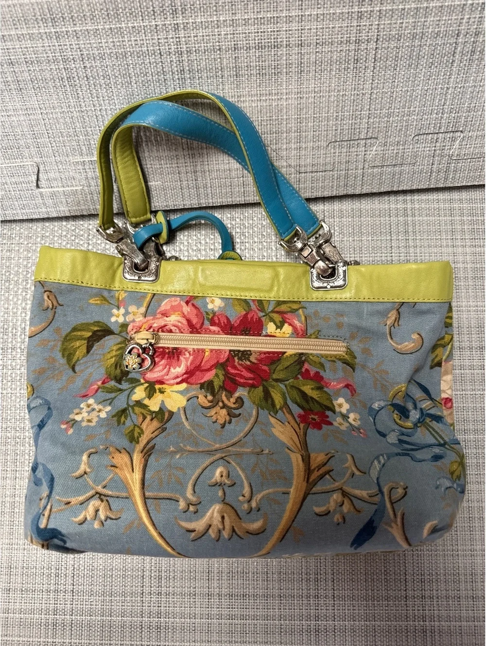 Brighton Reversible Floral Lime Green Heart Tote Bag Blue Handles 11” x 7.5”